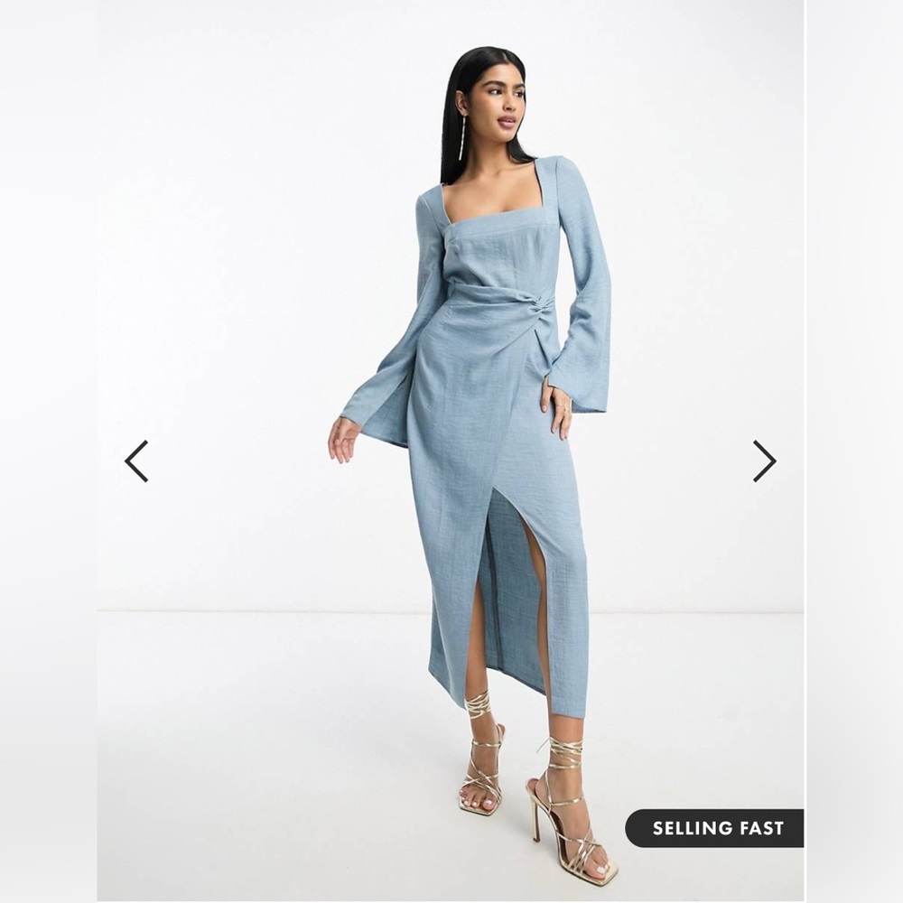 ASOS square neck fluted sleeve knot detail midi dress in denim blue